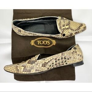 TOD'S Womens Sz 7 Brown Snakeskin Leather Loafer Square Toe w/ Dustbag